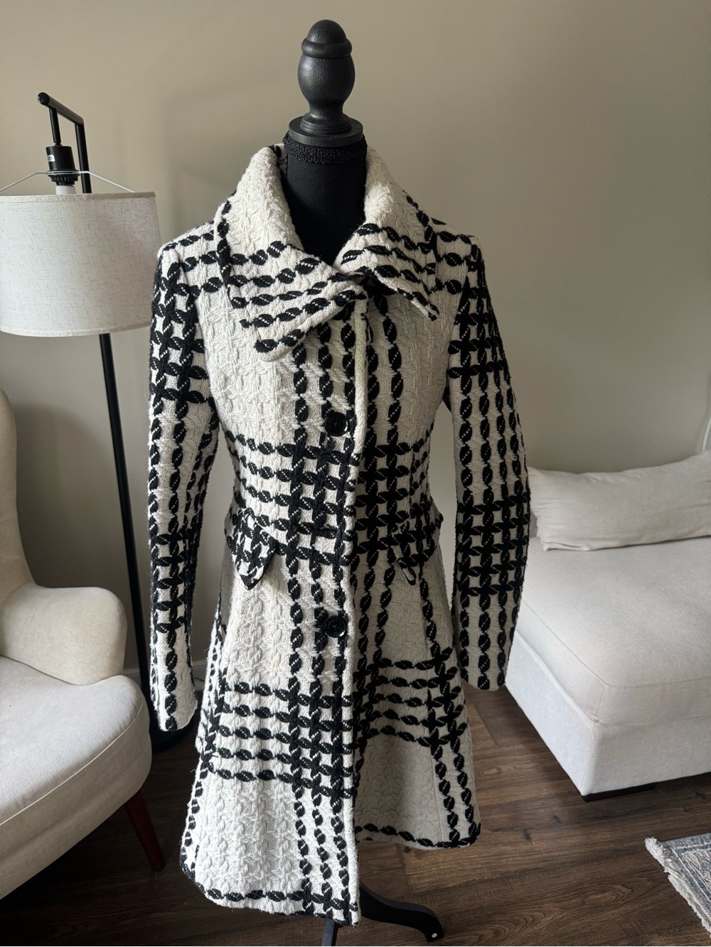 Express Black and White Textured Plaid Trench Coat